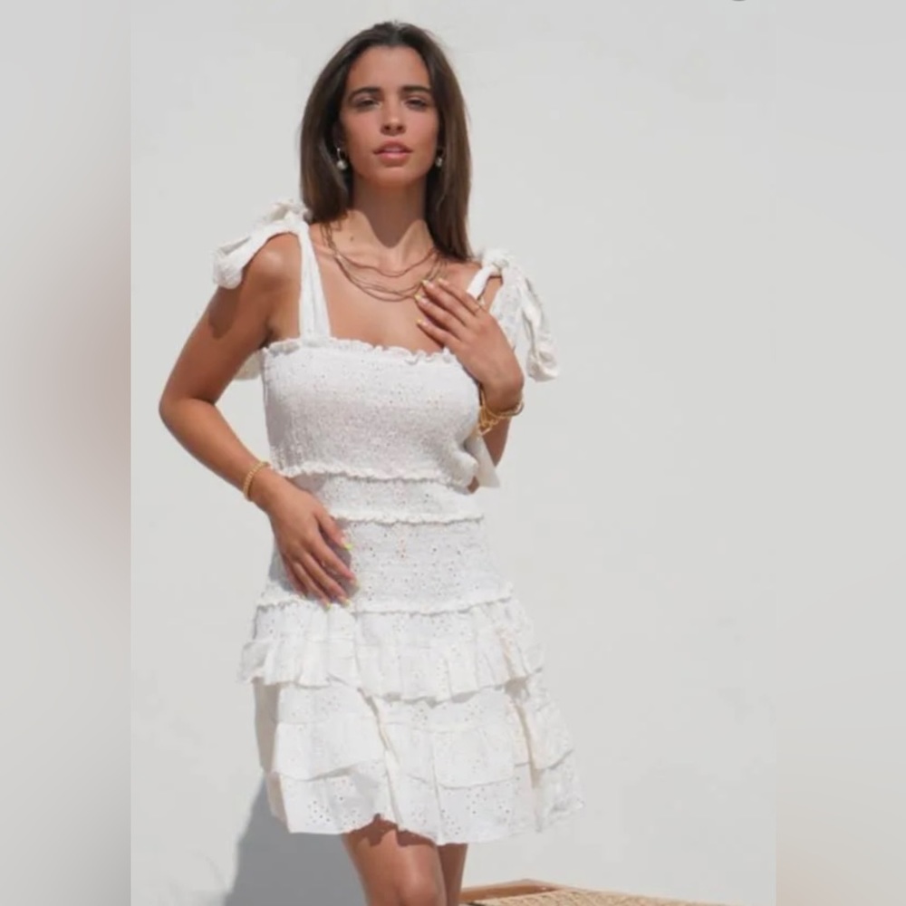 Floral print smocked tie dress. White dress pictured for fit only!